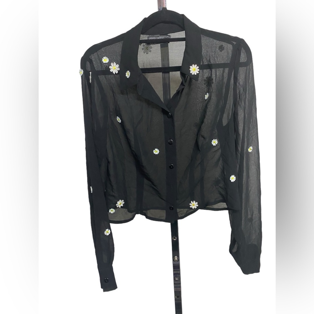 Urban Outfitters sheer black button up blouse with embroidered daisies medium